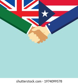 The handshake and two flags United Kingdom and Puerto Rico. Flat style vector illustration.