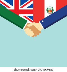 The handshake and two flags United Kingdom and Peru. Flat style vector illustration.