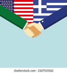 The handshake and two flags USA and Greece. Illustration