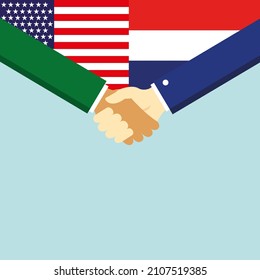 El apretón de manos y dos banderas: EE.UU. y Holanda. Ilustración