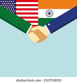 The handshake and two flags USA and India. Illustration