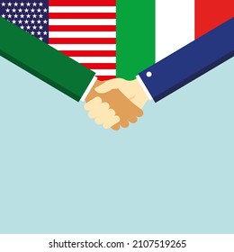 The handshake and two flags USA and Italy. Illustration