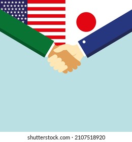 El apretón de manos y dos banderas de Estados Unidos y Japón. Ilustración