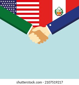 The handshake and two flags USA and Peru. Illustration