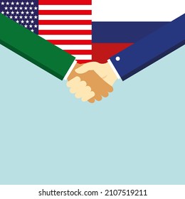 The handshake and two flags USA and Russia. Illustration