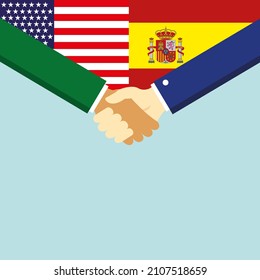 El apretón de manos y dos banderas de Estados Unidos y España. Ilustración