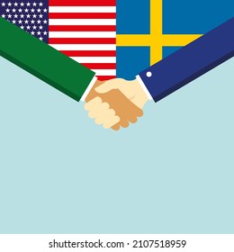 The handshake and two flags USA and Sweden. Illustration