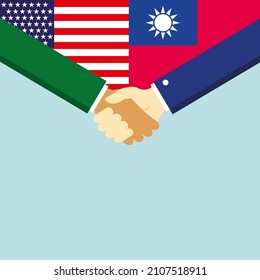 The handshake and two flags USA and Taiwan. Illustration