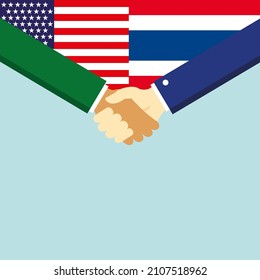 El apretón de manos y dos banderas: Estados Unidos y Tailandia. Ilustración