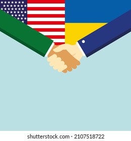 The handshake and two flags USA and Ukraine. Illustration