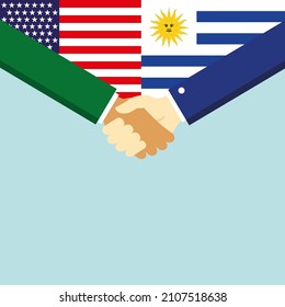 The handshake and two flags USA and Uruguay. Illustration