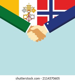 Der Handschlag und zwei Flaggen: Vatikan und Norwegen. Illustration