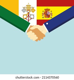 The handshake and two flags: Vatican and Spain. illustration