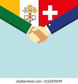 El apretón de manos y dos banderas: El Vaticano y Suiza. ilustración