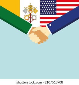 El apretón de manos y dos banderas Vaticano y Estados Unidos. Ilustración