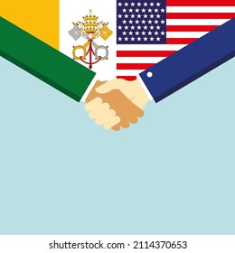 The handshake and two flags: Vatican and USA. illustration