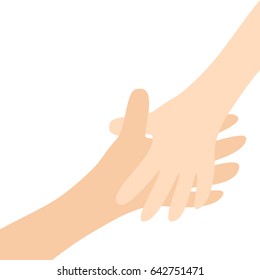 Handshake. Two Hands Arms Reaching To Each Other. Mother And Child. Close Up Body Part. Helping Hand. Baby Care. White Background Isolated. Flat Design. Vector Illustration