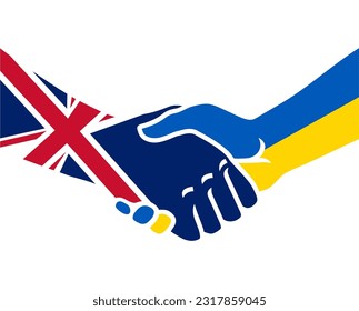 apretón de manos Dos manos agarrando. Union Jack, Gran Bretaña y Ucrania de la UA banderas de colores azul-amarillo. Asociados en la cooperación política nacional. Amistad de campo. Ilustración del logotipo del vector