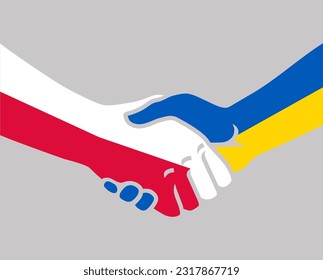 Handshake Two hands holding shaking. Polish white-red and UA Ukraine flags blue-yellow colors. Partners national political cooperation. Country friendship. Vector logo icon illustration 
