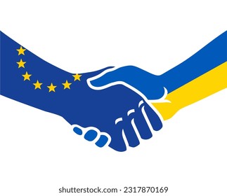 Handshake Two hands holding shaking. EU European Union and UA Ukraine flags blue-yellow colors. Partners national political cooperation. Country friendship. Vector logo icon illustration