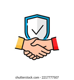 Handshake of two hands isolated transaction security color outline icon. Vector business protection, management risk insurance, safety deal