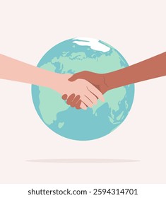 Handshake of two hands of people of different nationalities and skin tones on the background of the Earth globe. Flat vector illustration