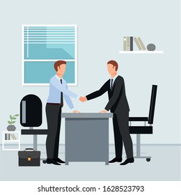 Handshake of two male businessmen in an office. Vector graphics.