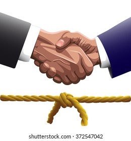 Handshake of two men in business suits of the contracting or hello, and the bottom two ropes knotted 