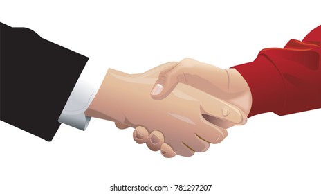 Handshake of two men dressed in business suit and red sweater. Business agreement or greeting, partnership handshaking. Vector illustration
