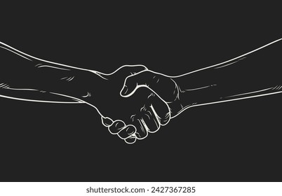 Handshake of two people. Hand drawn vector illustration. Isolated on black background.