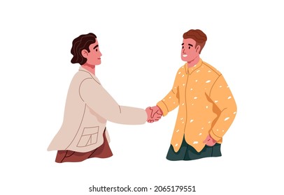 Handshake of two people. Happy men meeting and greeting each other, shaking hands. Formal hello and respect gesture. Colleagues communication. Flat vector illustration isolated on white background.