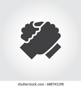 Handshake of two people icon in flat design style. Simple black logo for brotherly support, meeting, armwrestling, business teamwork concept image. Contour arm silhouette. Vector illustration