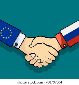 Handshake of two people. Policy between the Europe and Russia. Collaboration and cooperation. Stock vector illustration. Flags of countries.