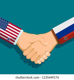 Handshake of two presidents. Policy between the USA and Russia. Stock vector illustration.