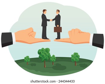 Handshake of two small businessmen on huge fingers of their bosses