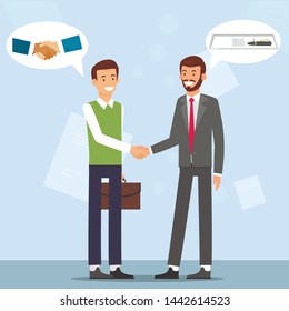 Handshake Two Smiling Businessman. Make Contract. Search for Colleagues. Candidate for Position. Vector Illustration. Evaluate Professional Qualities. Recruitment Agency. Recruiting Director Selection