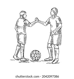 Handshake.	the two soccer captains shake hands to start the match.	Retro vintage sketch vector illustration.Engraving style. black isolated on white background. vector draw graphic design illustration