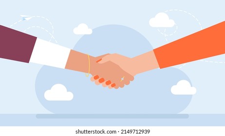 Handshake two women. Hand shaking meeting agreement. Handshake of business people partners businesswomen. Women's hands. Handshaking. Vector flat style business illustration.