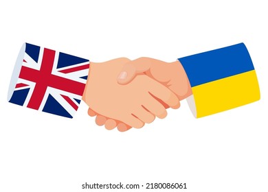 Handshake of UK and Ukraine. Symbol of help, military and economic support. Vector icon for meeting and talks between British and Ukrainian leaders. Two hands with sleeves are decorated with flags