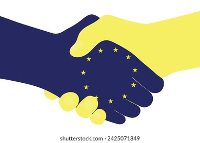 Apretón de manos. Ucrania y la Unión Europea han alcanzado un acuerdo de unión económica. Imagen de las manos en un apretón de manos en colores azul y amarillo con estrellas sobre un fondo aislado.