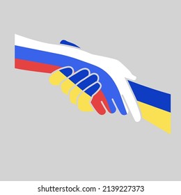 Handshake Ukraine and Russia on background of flag. No More War. Negotiations, agreements peace