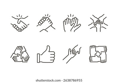 Handshake unity icon set. Thin line editable stroke icons for collaboration, support, agreement, teamwork, empathy, solidarity, and mutual help and partnership