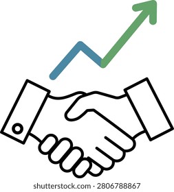 Handshake with upward trending line graph in blue and green linegraph upwardtrend