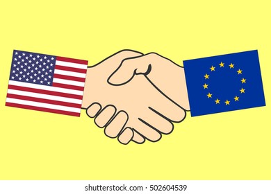 Handshake with USA and EU flag, Handshake icon, business agreement handshake, vector illustration.