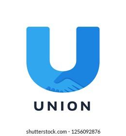 Handshake, U-shaped logo, union concept, teamwork symbol, vector illustration isolated on white background
