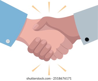 Handshake Vector. Business Shaking Hands Illustration with Yellow Rays. Casual Agreement. Succesful Deal. Flat Design on White Background. Partnership. Hired. Consensus.