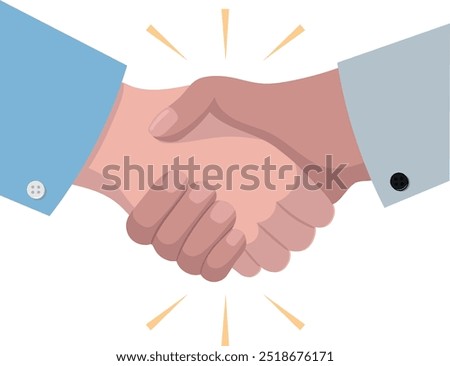 Handshake Vector. Business Shaking Hands Illustration with Yellow Rays. Casual Agreement. Succesful Deal. Flat Design on White Background. Partnership. Hired. Consensus.