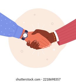 Handshake. Vector cartoon illustration of female hands in business outfits shaking each other. Isolated on background