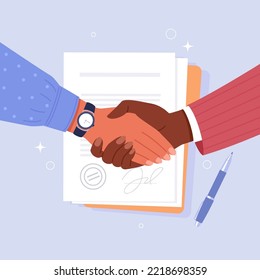 Handshake. Vector cartoon illustration of female hands in business outfits shaking each other on the background of a signed contract