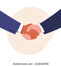 Handshake. Vector cartoon illustration of male hands in business suits shaking each other. Isolated on neutral background.